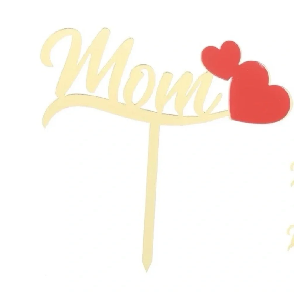 Cake Topper “Mom” Gold Red Heart Cupcake Decoration Party Supplies Set